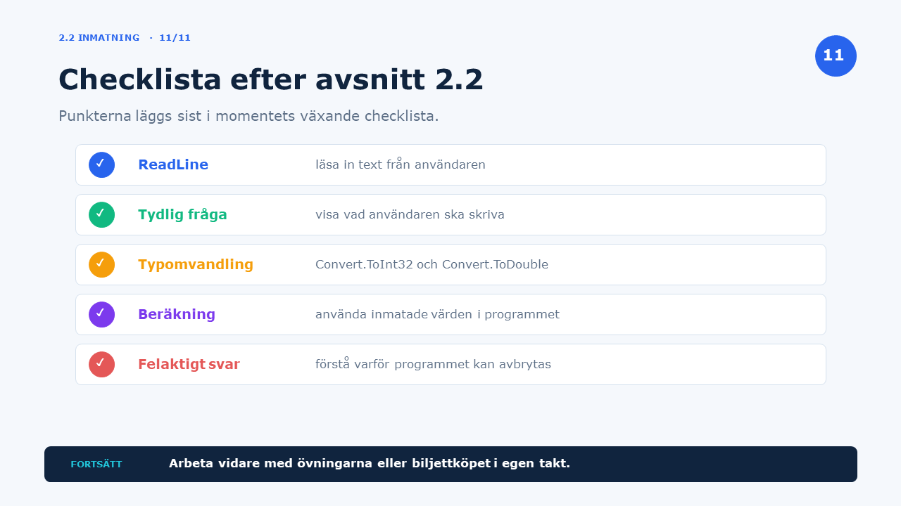 Checklista efter avsnitt 2.2