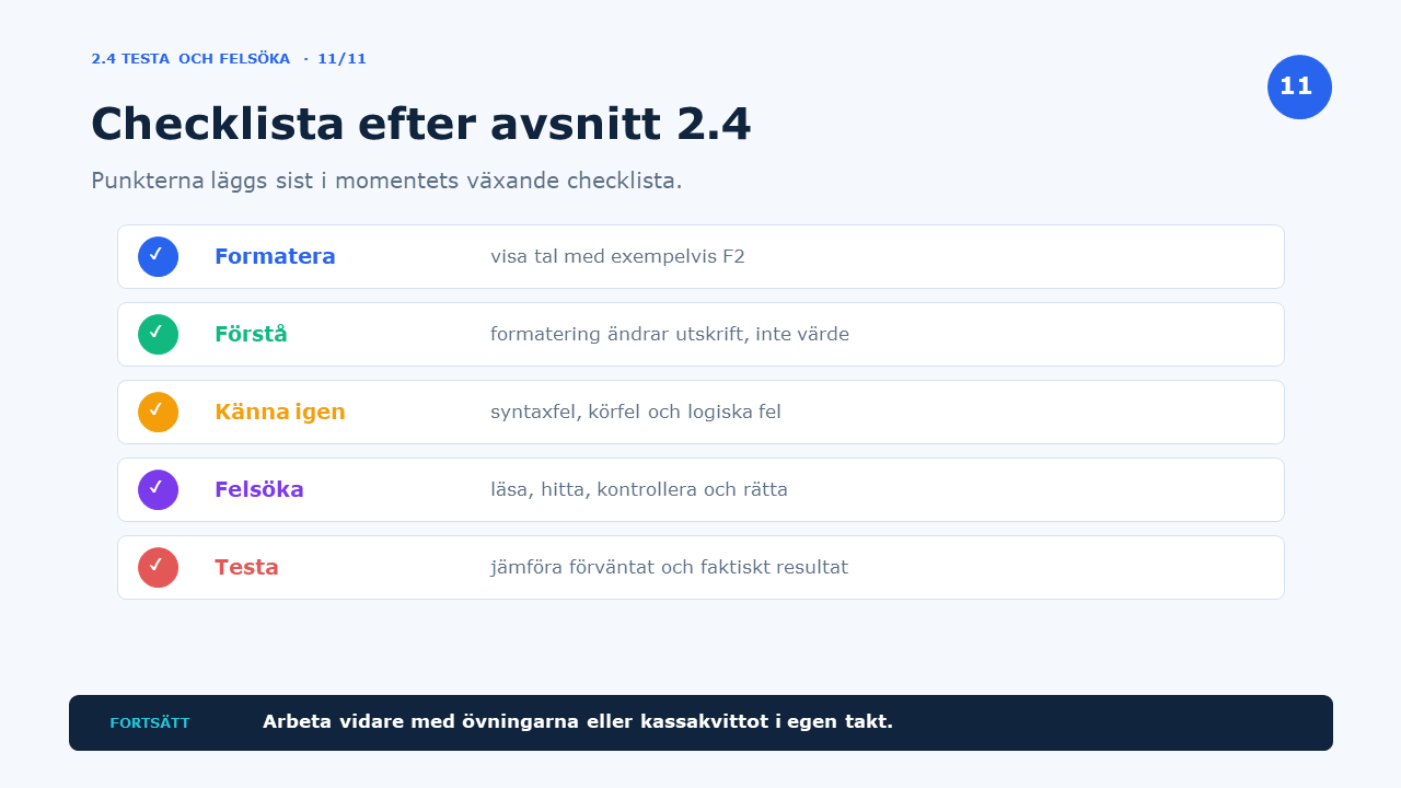 Checklista efter avsnitt 2.4
