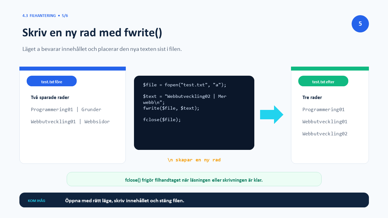 Skriv en ny rad med fwrite()
