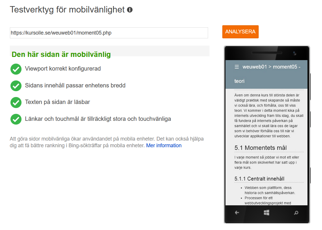Min sidas mobilvänlighet bedömd av Bing